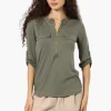Beechers Brook Solid Half Zip Roll Up Sleeve Shirt - Olive