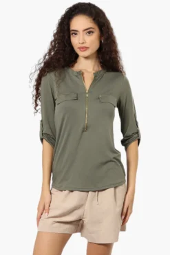 Beechers Brook Solid Half Zip Roll Up Sleeve Shirt - Olive