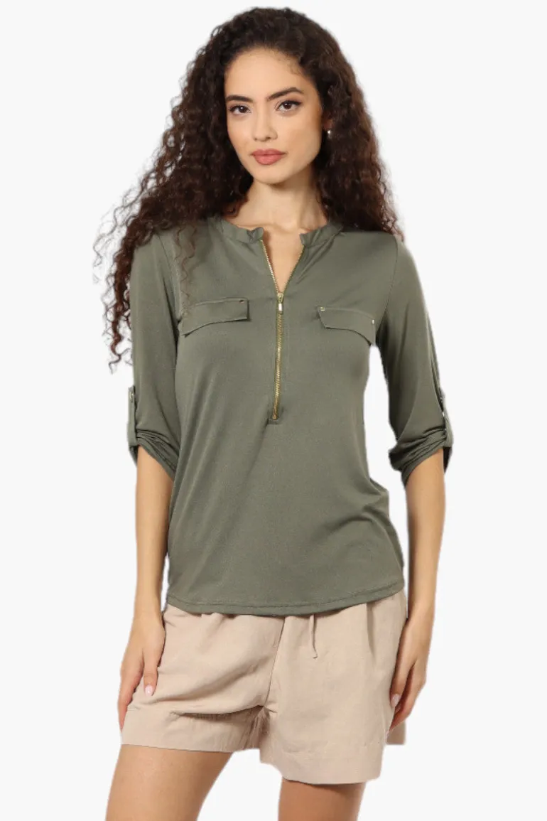 Beechers Brook Solid Half Zip Roll Up Sleeve Shirt - Olive