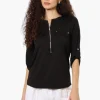Beechers Brook Solid Half Zip Roll Up Sleeve Shirt - Black