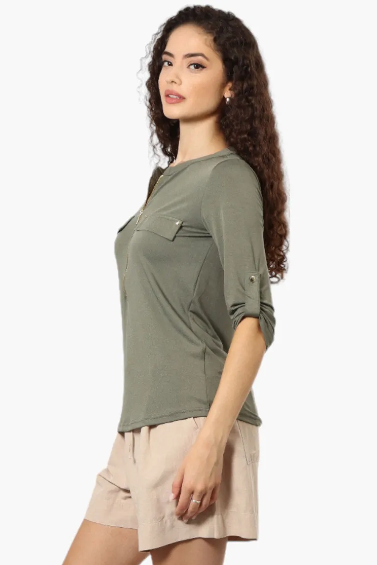 Beechers Brook Solid Half Zip Roll Up Sleeve Shirt - Olive