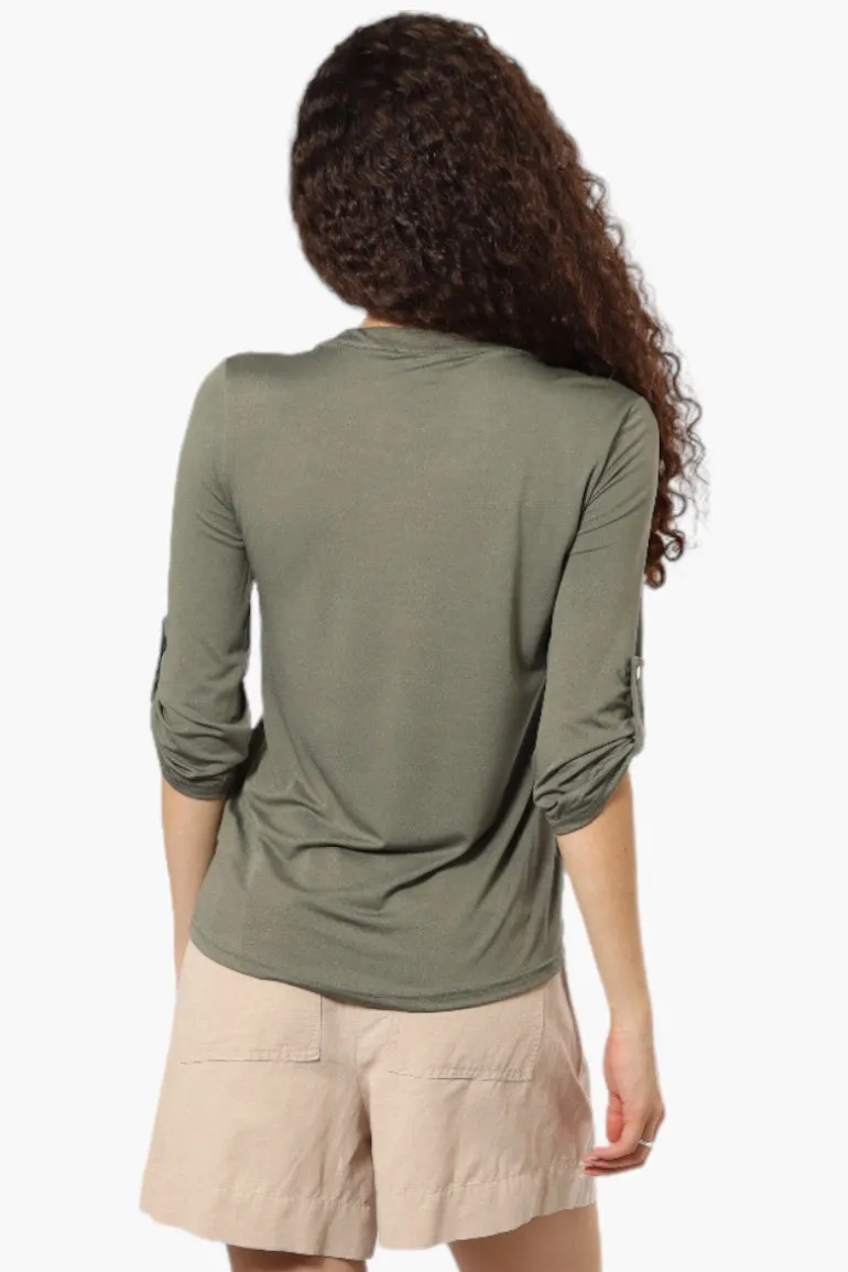 Beechers Brook Solid Half Zip Roll Up Sleeve Shirt - Olive