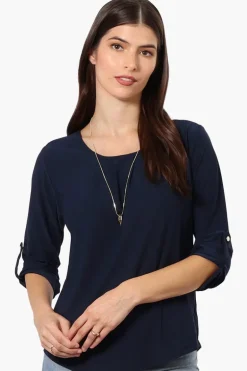 Beechers Brook Solid Roll Up Sleeve Necklace Blouse - Navy