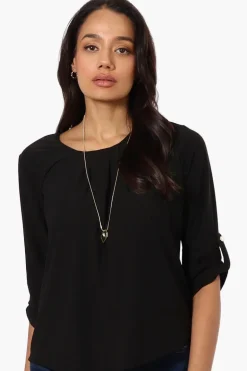 Beechers Brook Solid Roll Up Sleeve Necklace Blouse - Black