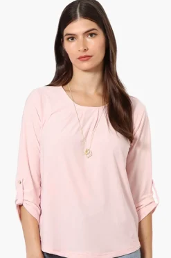 Beechers Brook Solid Roll Up Sleeve Necklace Blouse - Blush
