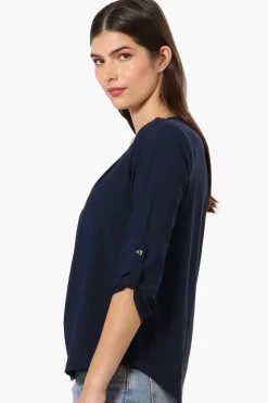 Beechers Brook Solid Roll Up Sleeve Necklace Blouse - Navy