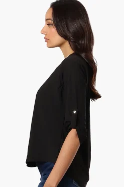 Beechers Brook Solid Roll Up Sleeve Necklace Blouse - Black