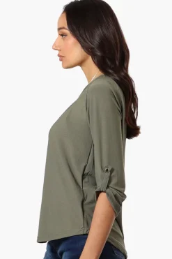 Beechers Brook Solid Roll Up Sleeve Necklace Blouse - Olive
