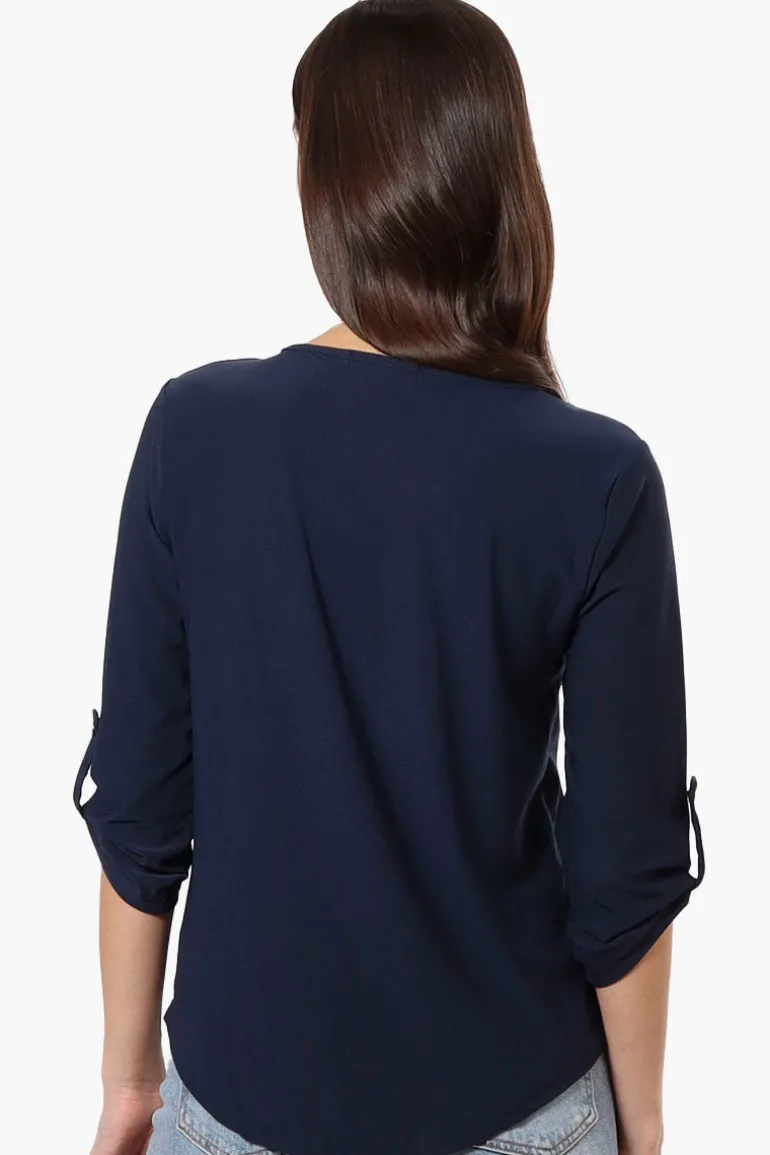 Beechers Brook Solid Roll Up Sleeve Necklace Blouse - Navy