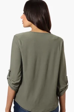 Beechers Brook Solid Roll Up Sleeve Necklace Blouse - Olive