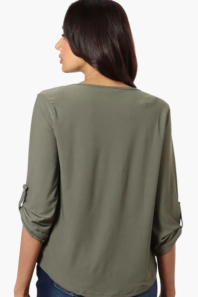 Beechers Brook Solid Roll Up Sleeve Necklace Blouse - Olive