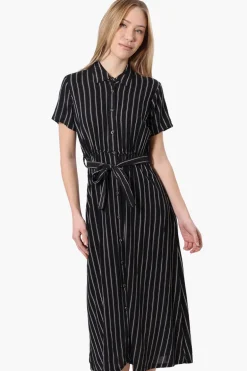 Beechers Brook Striped Belted Button Down Maxi Dress - Black