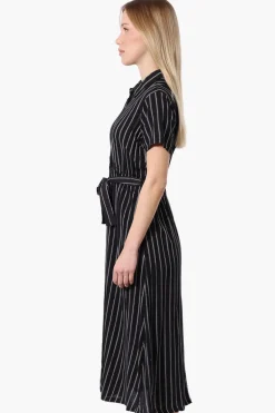 Beechers Brook Striped Belted Button Down Maxi Dress - Black