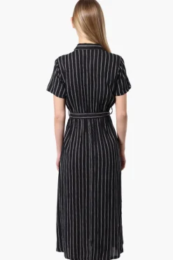 Beechers Brook Striped Belted Button Down Maxi Dress - Black