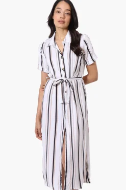 Beechers Brook Striped Button Down Belted Maxi Dress - White