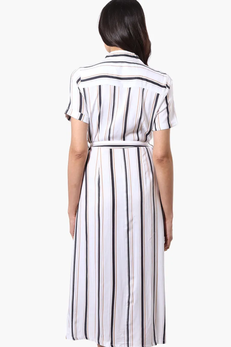 Beechers Brook Striped Button Down Belted Maxi Dress - White
