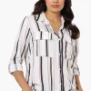 Beechers Brook Striped Roll Up Sleeve Blouse - White