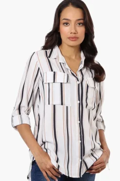 Beechers Brook Striped Roll Up Sleeve Blouse - White