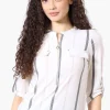 Beechers Brook Striped Roll Up Sleeve Half Zip Shirt - White