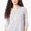 Beechers Brook Striped Roll Up Sleeve Half Zip Blouse - White