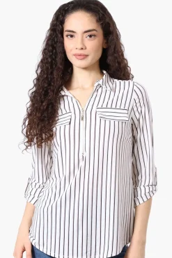 Beechers Brook Striped Roll Up Sleeve Half Zip Blouse - White