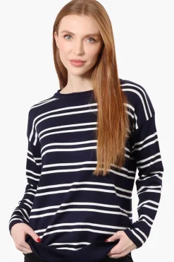 Beechers Brook Striped Round Neck Pullover Sweater - Navy