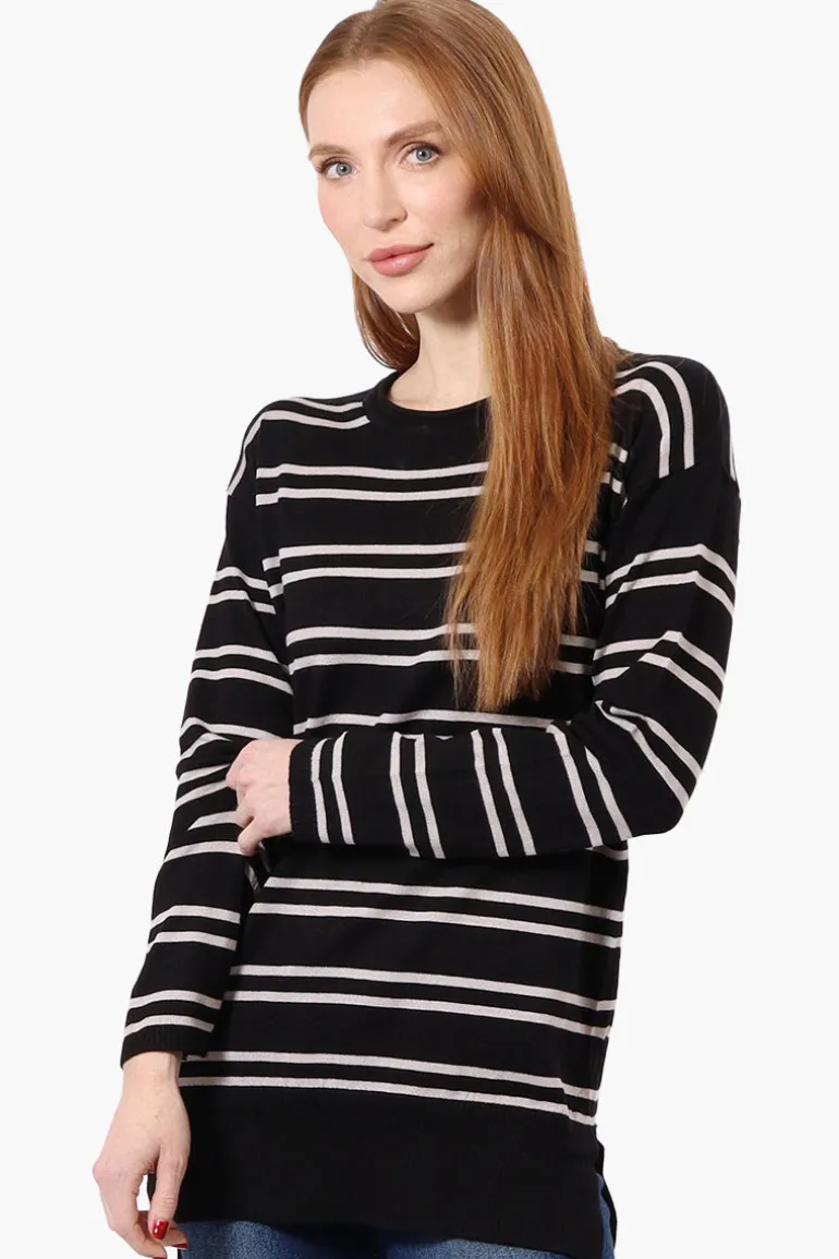 Beechers Brook Striped Round Neck Pullover Sweater - Black
