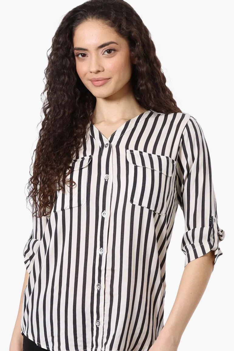 Beechers Brook Striped Roll Up Sleeve Blouse - White
