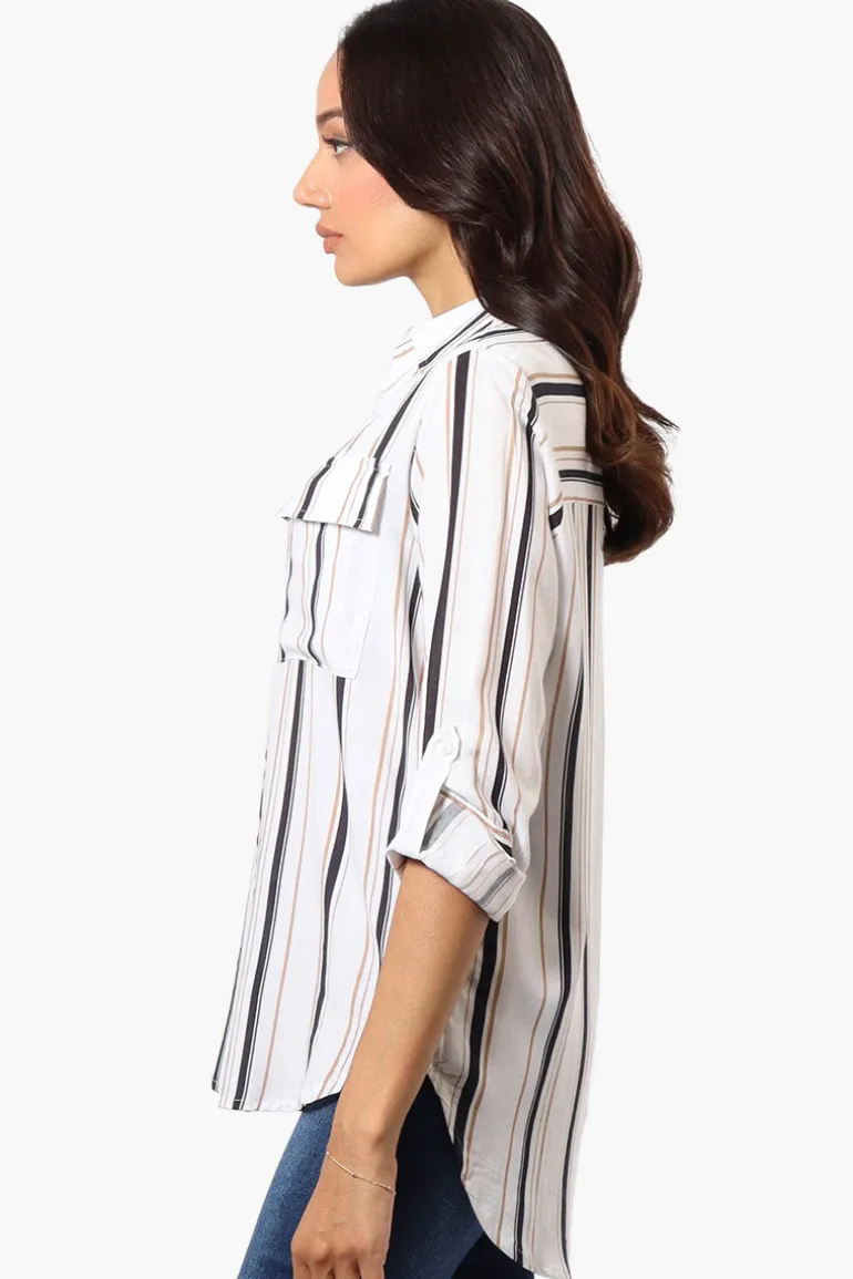 Beechers Brook Striped Roll Up Sleeve Blouse - White