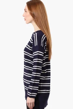 Beechers Brook Striped Round Neck Pullover Sweater - Navy