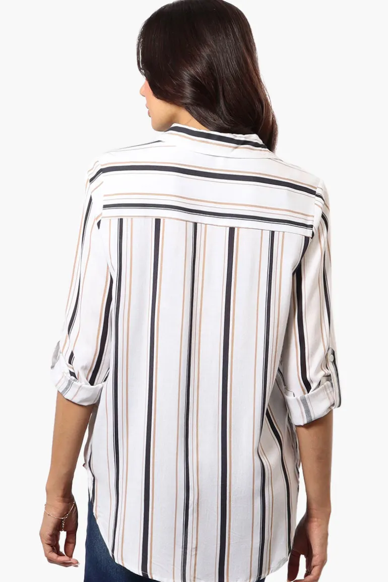 Beechers Brook Striped Roll Up Sleeve Blouse - White