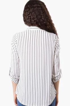 Beechers Brook Striped Roll Up Sleeve Half Zip Blouse - White