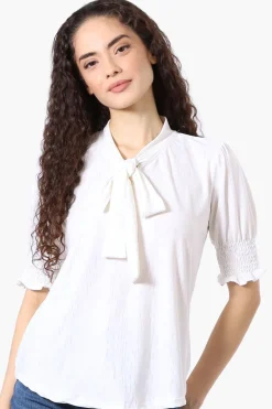 Beechers Brook Tie Neck Smocked Sleeve Blouse - White