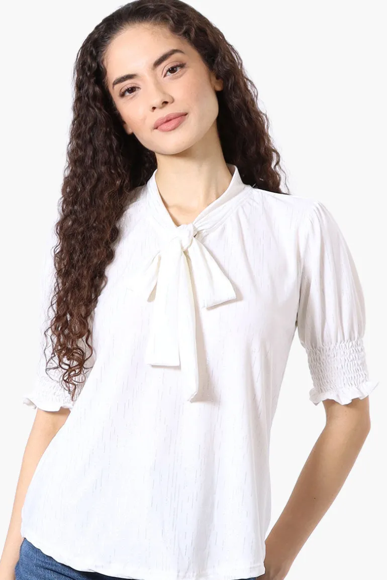 Beechers Brook Tie Neck Smocked Sleeve Blouse - White