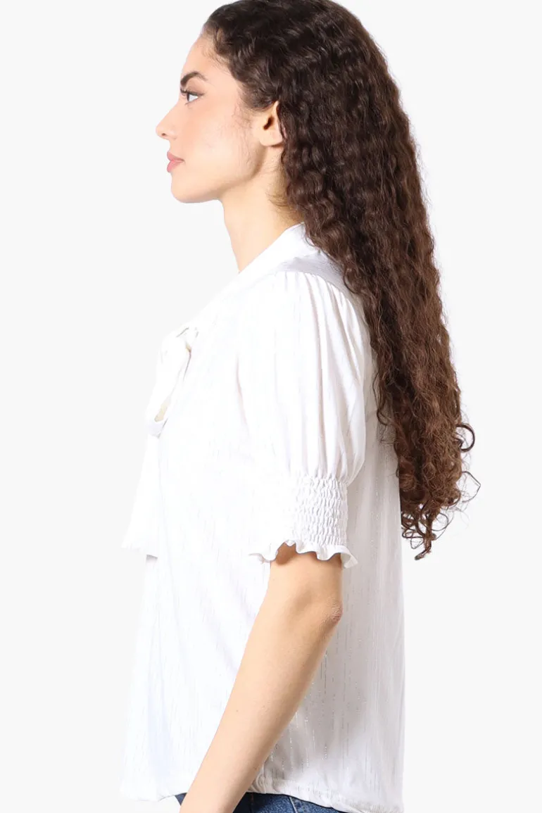 Beechers Brook Tie Neck Smocked Sleeve Blouse - White