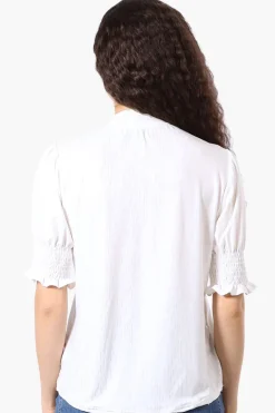 Beechers Brook Tie Neck Smocked Sleeve Blouse - White