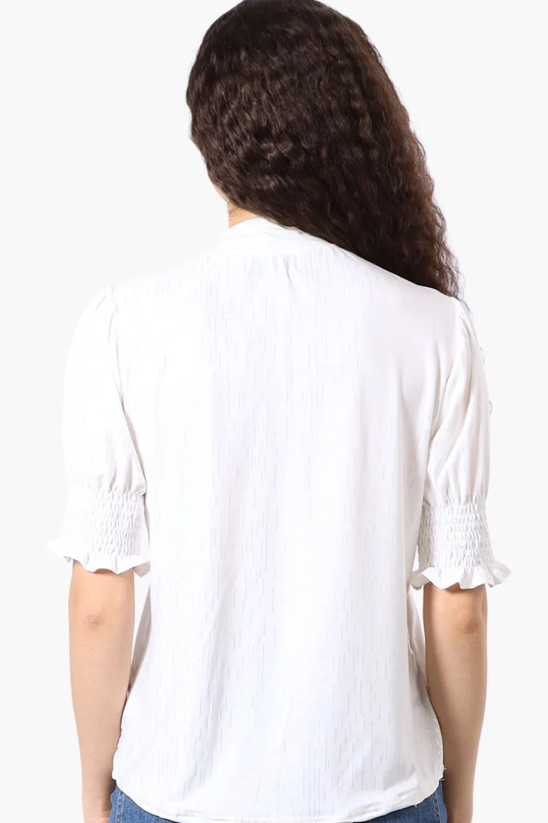 Beechers Brook Tie Neck Smocked Sleeve Blouse - White