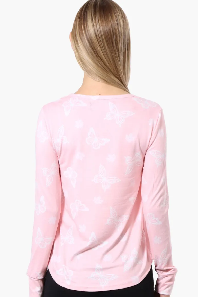Canada Weather Gear Butterfly Pattern Henley Pajama Top - Pink