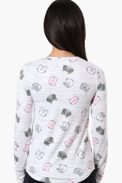 Canada Weather Gear Cat Pattern Henley Pajama Top - White