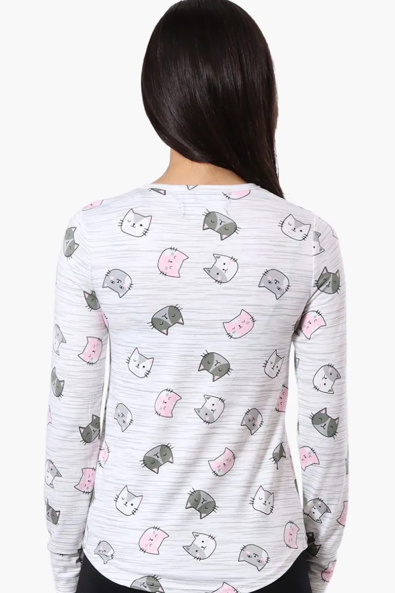 Canada Weather Gear Cat Pattern Henley Pajama Top - White