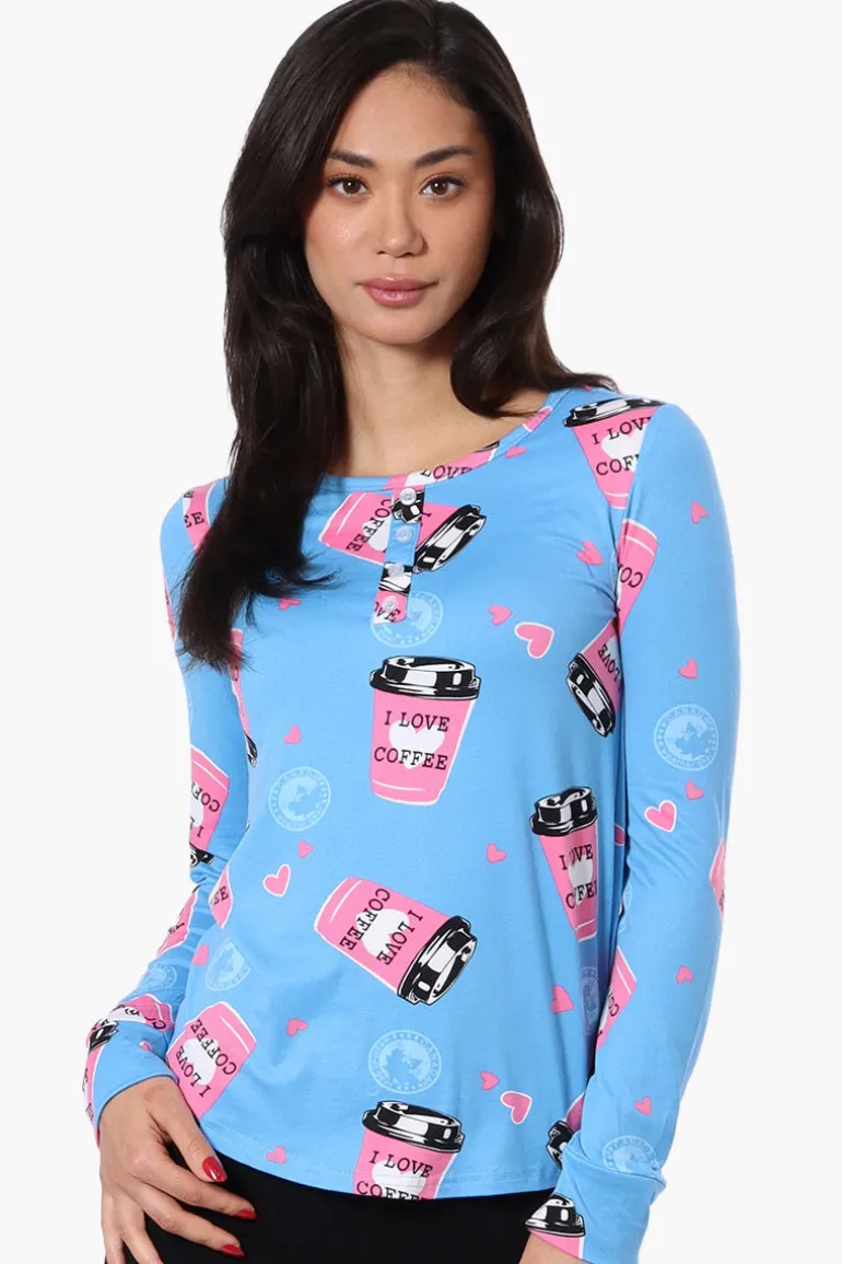 Canada Weather Gear I Love Coffee Pattern Henley Pajama Top - Blue