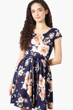 Costa Blanca Floral Belted Cap Sleeve Day Dress - Navy