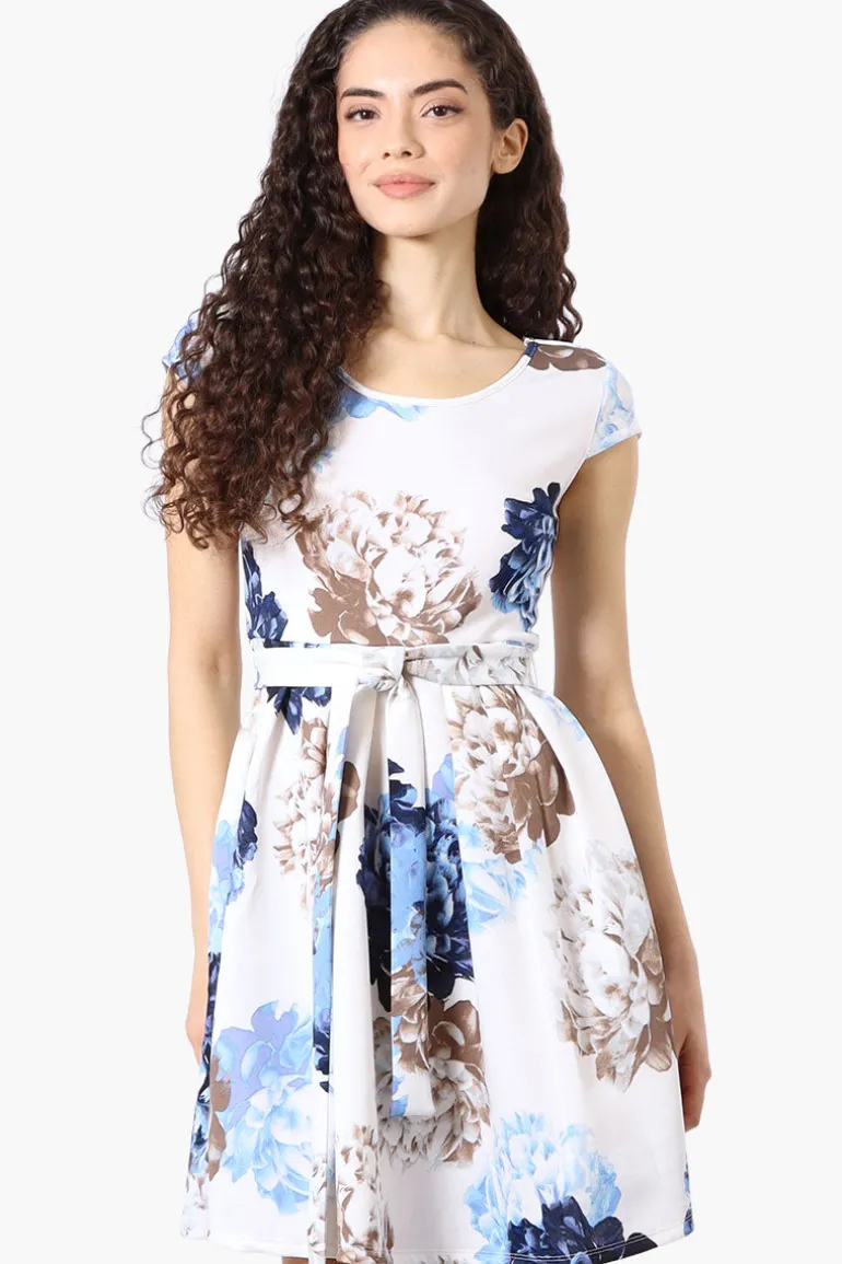 Costa Blanca Floral Belted Cap Sleeve Day Dress - Blue