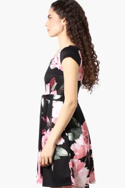 Costa Blanca Floral Belted Cap Sleeve Day Dress - Black