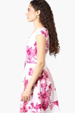 Costa Blanca Floral Belted Cap Sleeve Day Dress - Pink