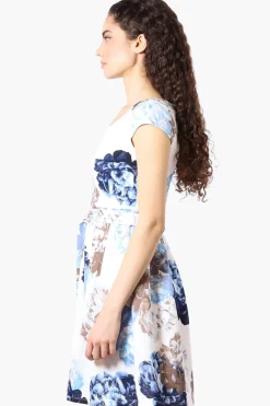 Costa Blanca Floral Belted Cap Sleeve Day Dress - Blue