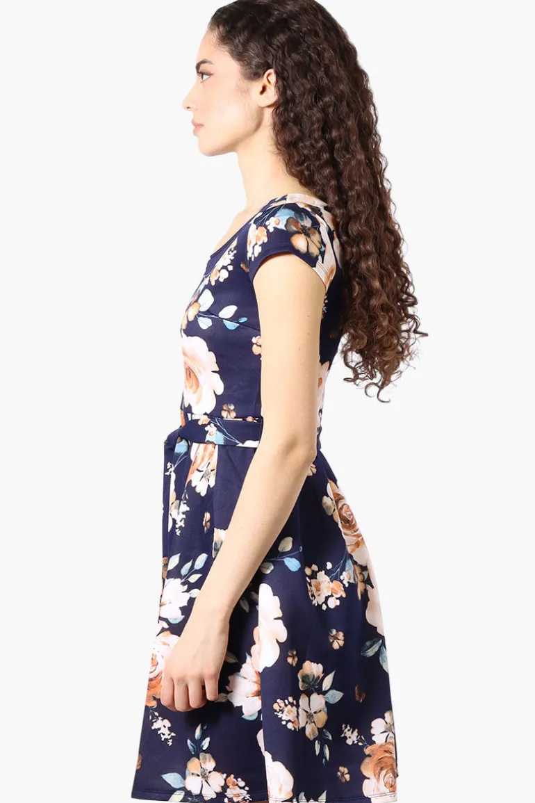 Costa Blanca Floral Belted Cap Sleeve Day Dress - Navy