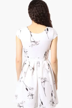 Costa Blanca Floral Belted Cap Sleeve Day Dress - White