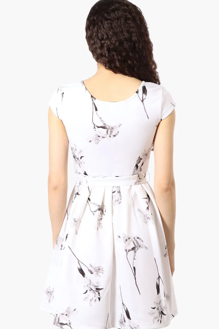 Costa Blanca Floral Belted Cap Sleeve Day Dress - White