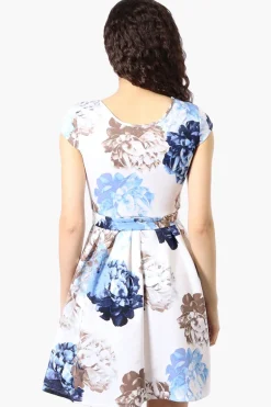 Costa Blanca Floral Belted Cap Sleeve Day Dress - Blue